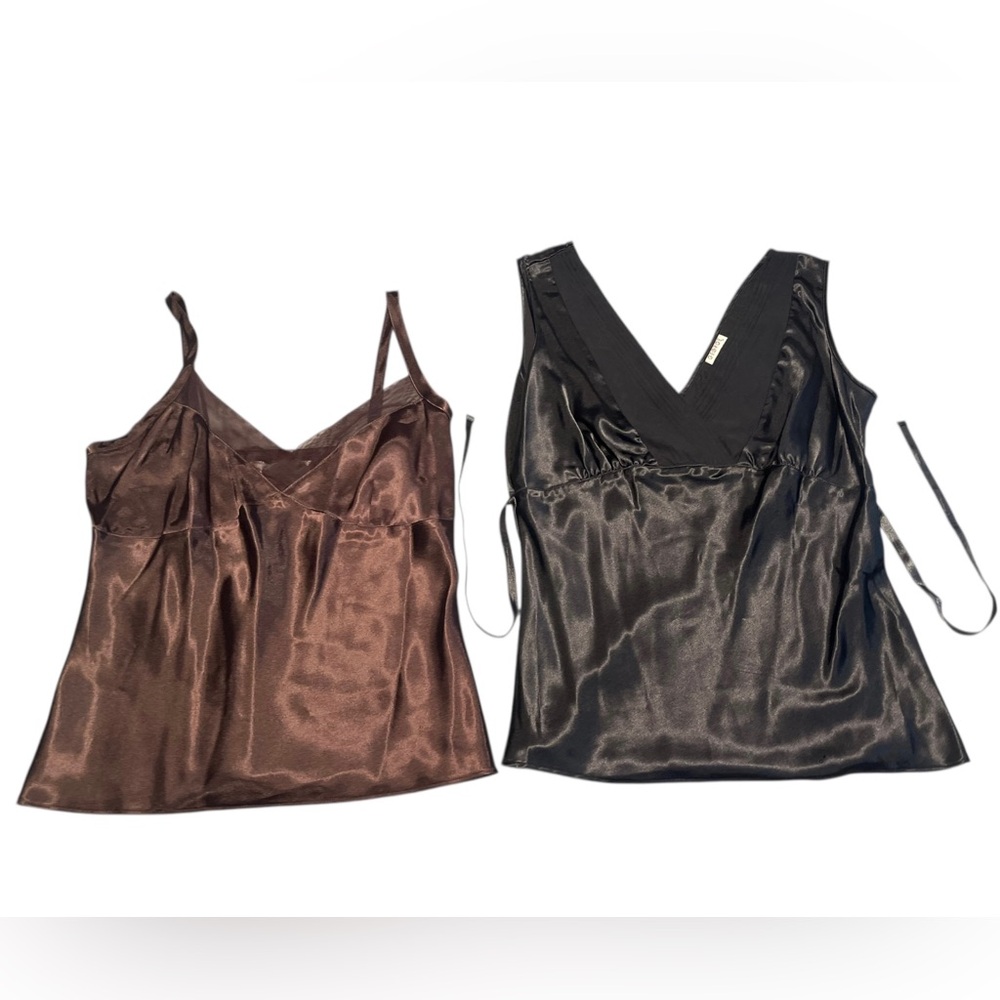 Vintage Black & Brown Satin Camisoles 2 Small 90s Layer Babydoll Y2K Whimsical